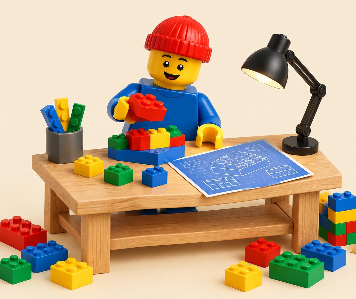 A friendly brick creator at a workbench with bricks, plans and a desk lamp
