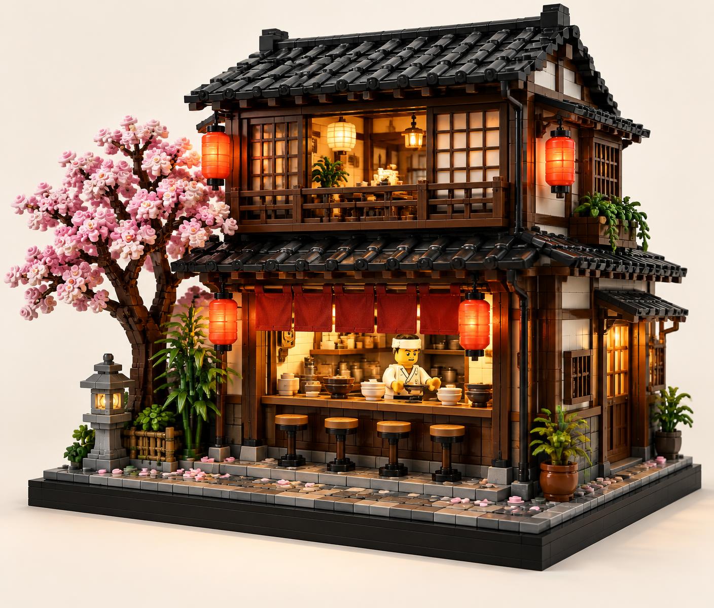 Detailed brick-built Japanese ramen shop with warm lighting and cherry blossoms