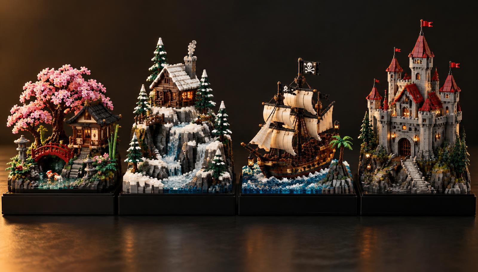 Four Signature creations — Japanese garden, mountain cabin, pirate ship and castle — each on an identical black display base